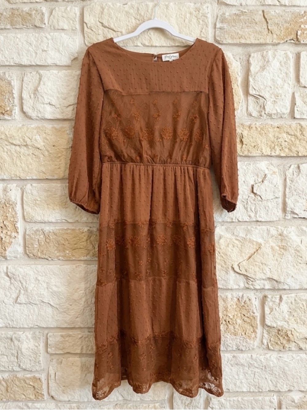 Polagram Rust Orange Textured Embroidered Midi Dress